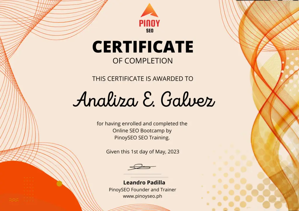 A certificate of completion with orange and white lines
